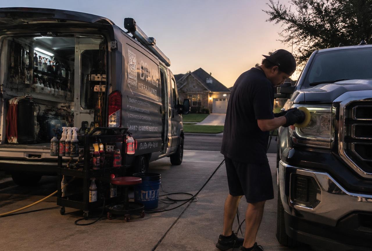 Mobile headlight restoration van working on a truck in a Texas driveway
