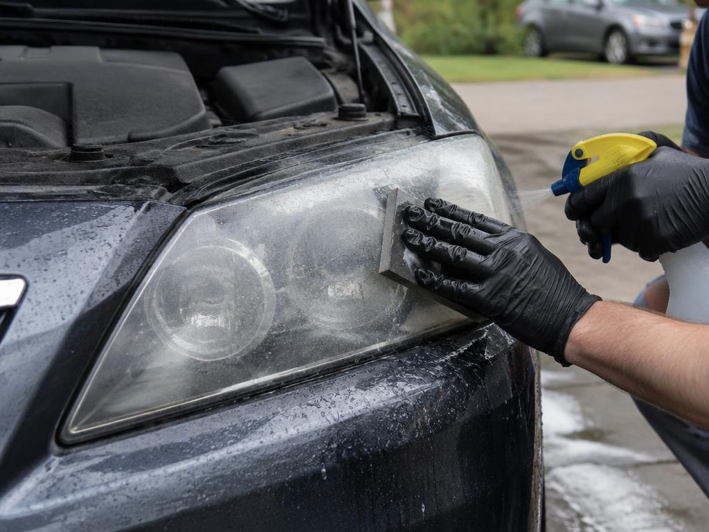 Wet-sanding a hazy headlight lens during polish restoration